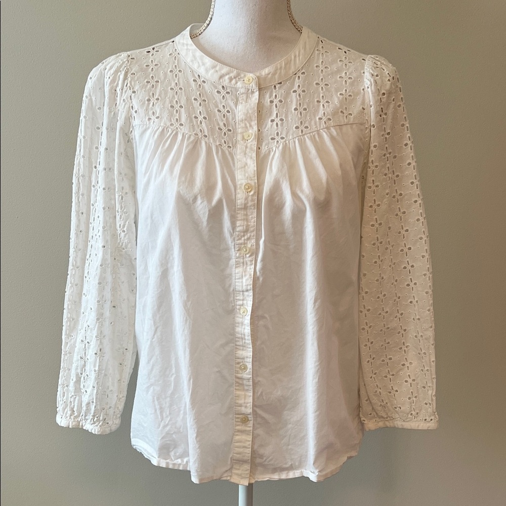 J. Crew White Eyelet Button-Up Blouse